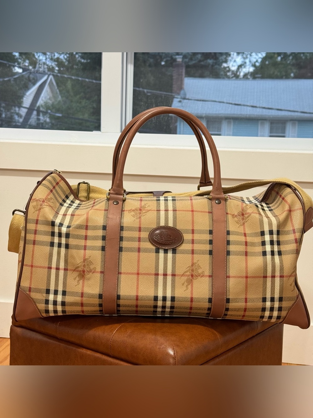 BURBERRY’S Vintage Nova Check PVC Leather Brown Beige Travel Duffle Bag
